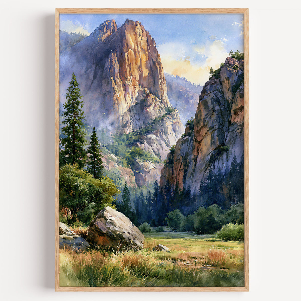 Kings Canyon National Park watercolor art print: sunlit granite walls above a green meadow and conifers