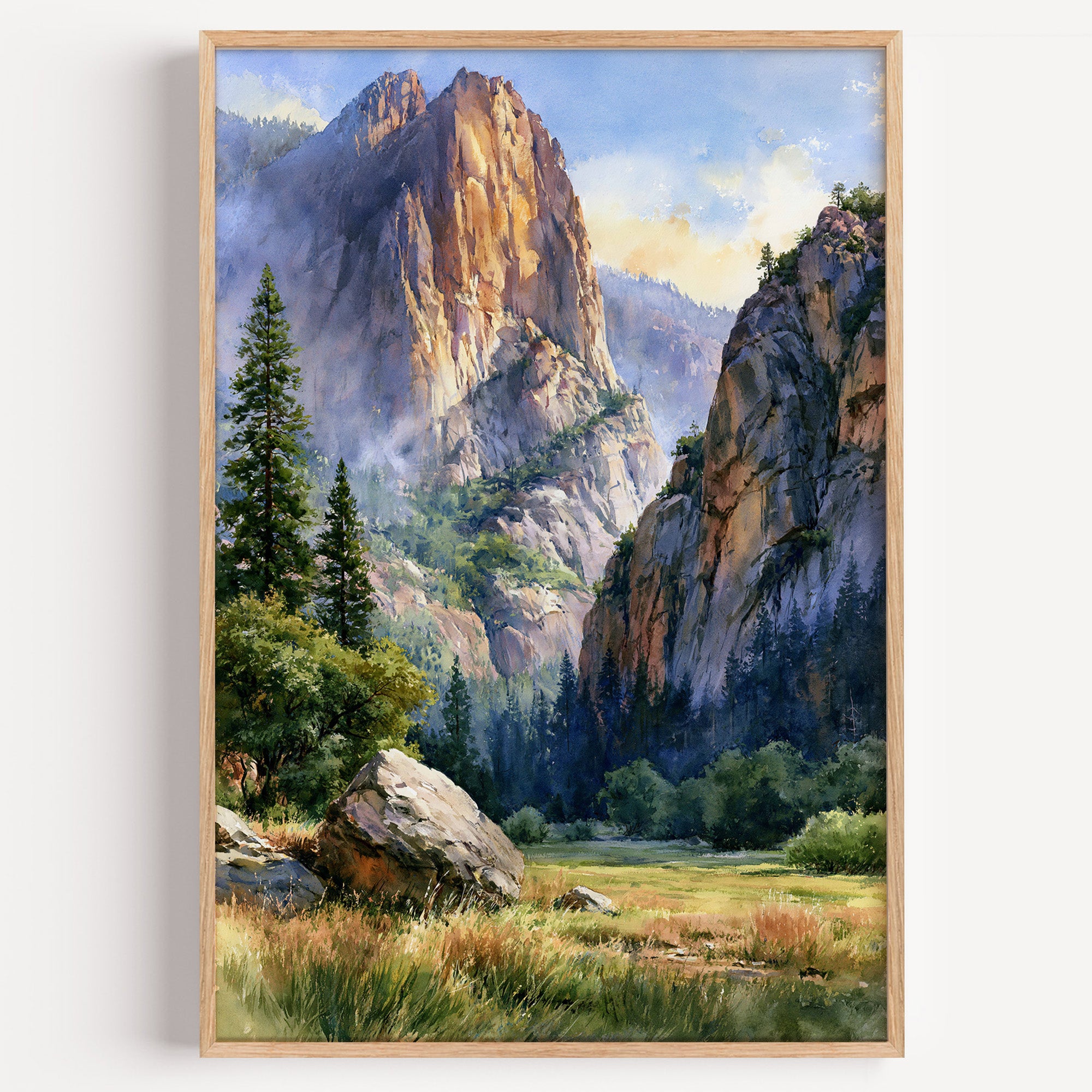 Kings Canyon National Park watercolor art print: sunlit granite walls above a green meadow and conifers