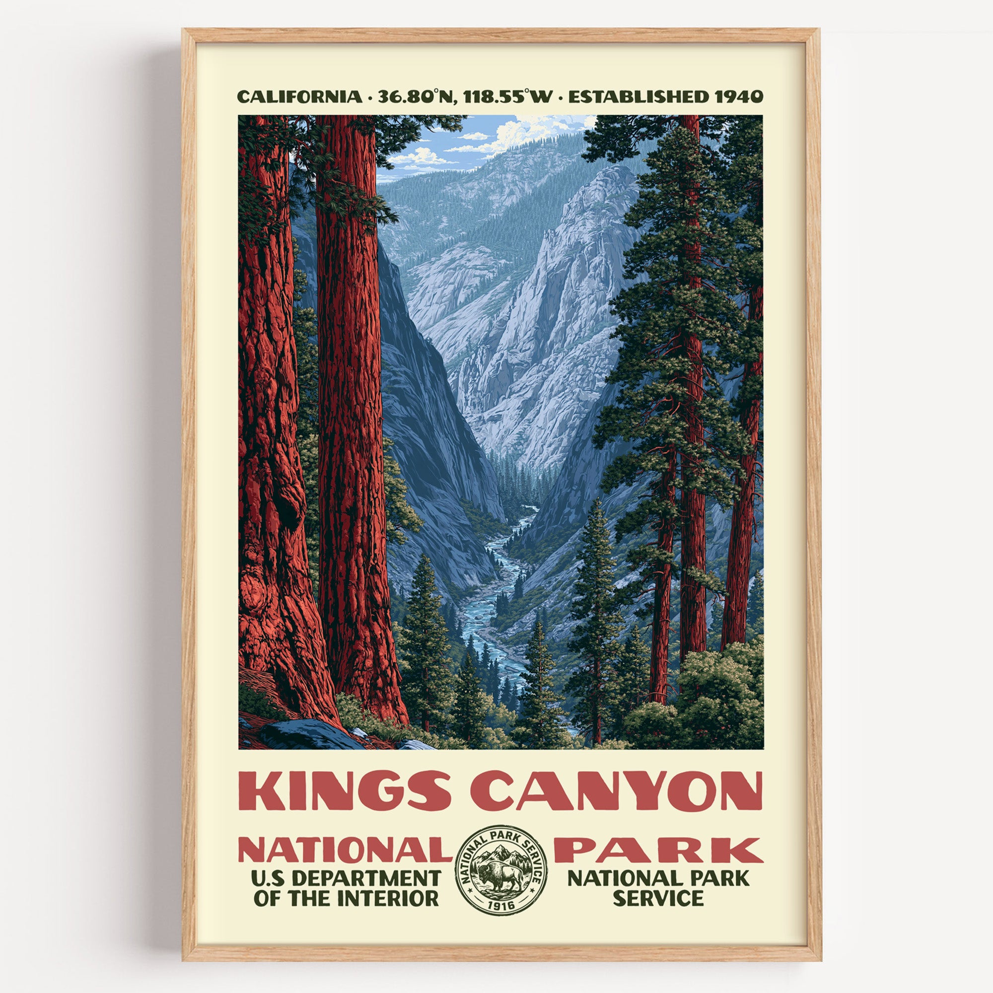 Kings Canyon National Park vintage WPA poster in a wood frame, giant sequoia trunks framing a granite canyon wall