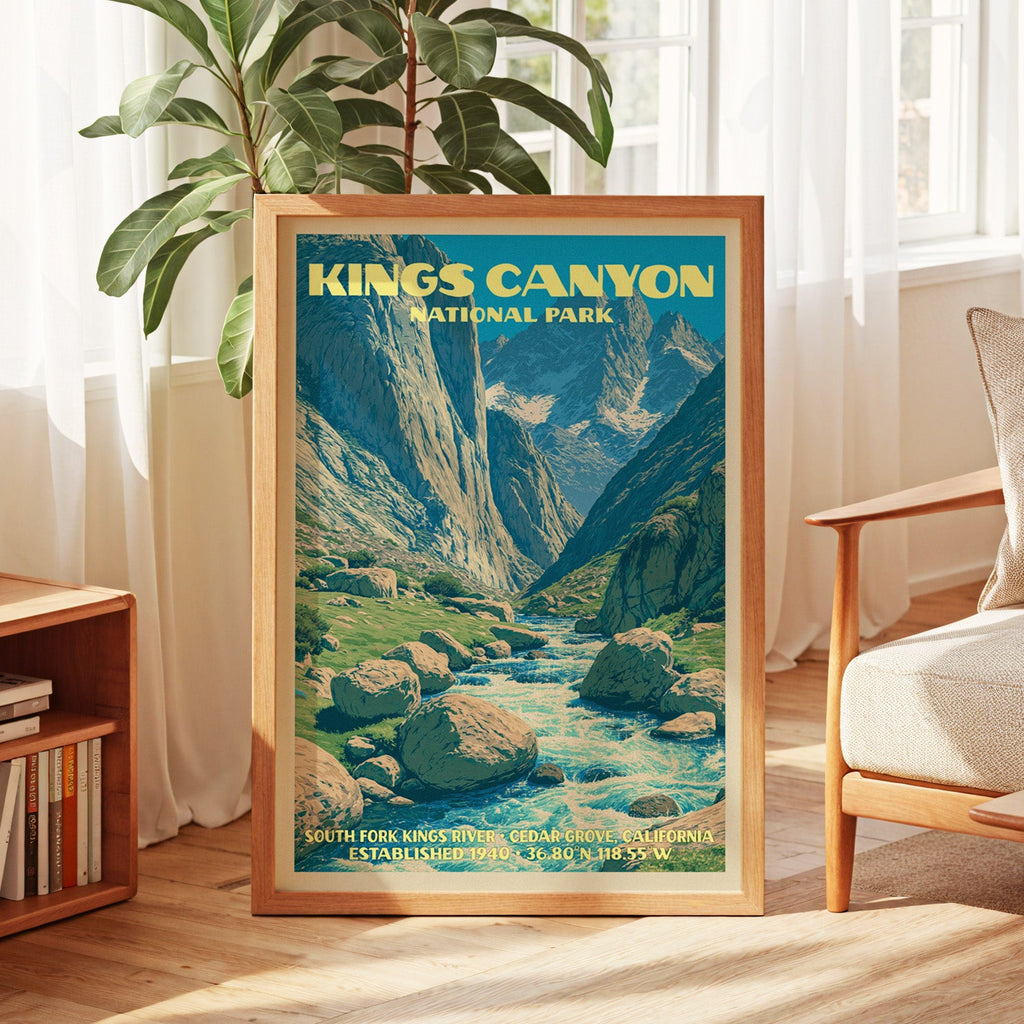 Kings Canyon vintage poster in oak, leaning by a sunlit window with sheer curtains and a low bookshelf