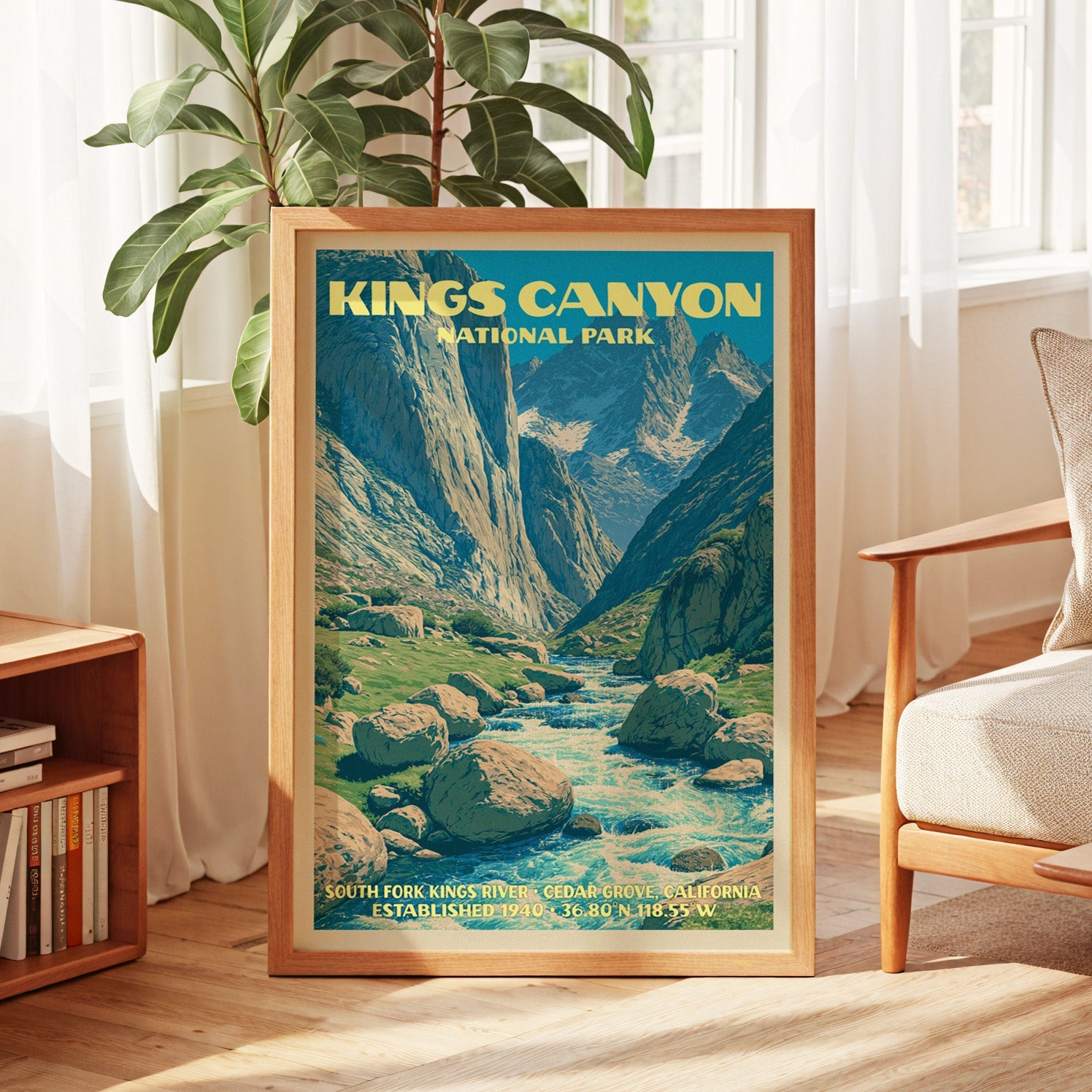 Kings Canyon vintage poster in oak, leaning by a sunlit window with sheer curtains and a low bookshelf