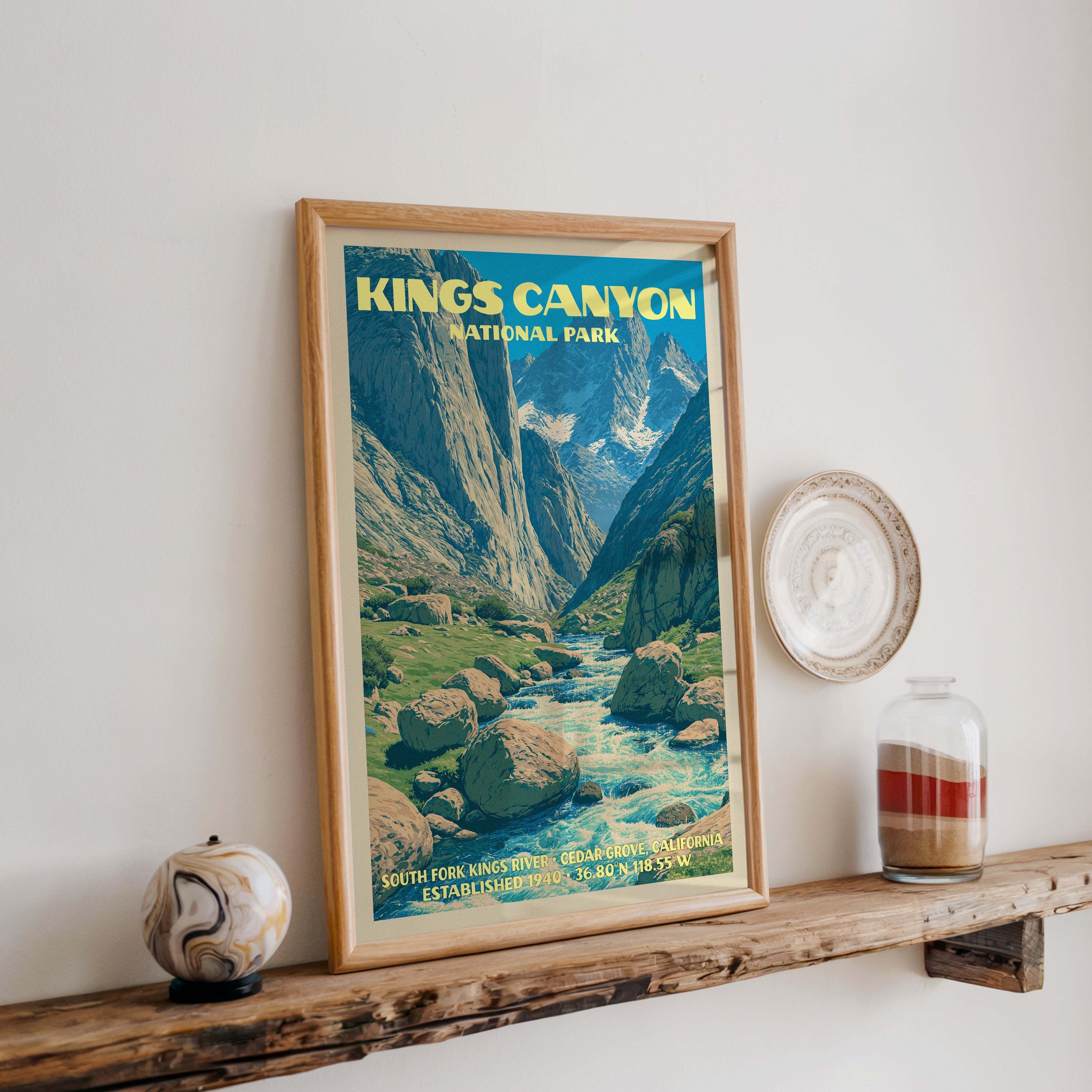 Kings Canyon river print in oak, leaning on a reclaimed wood ledge with a marbled sphere and sand jar