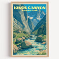 South Fork Kings River Kings Canyon vintage poster in a light oak frame on a plain white wall