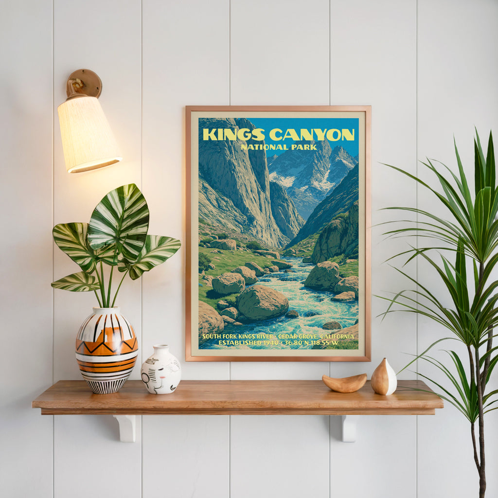 South Fork Kings River print framed on white panelling above an oak shelf with a patterned vase and sconce