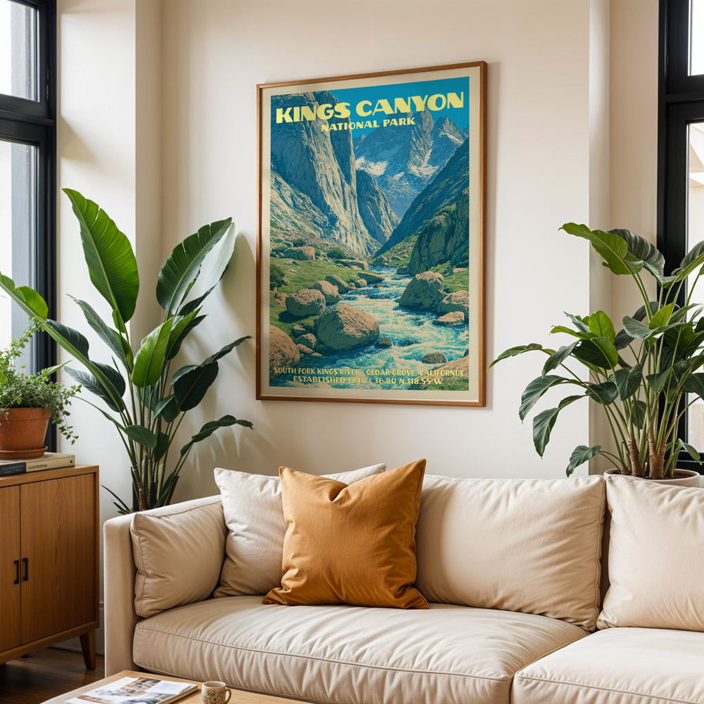 Kings Canyon vintage travel print in oak above a cream sofa with a rust cushion and tall houseplants