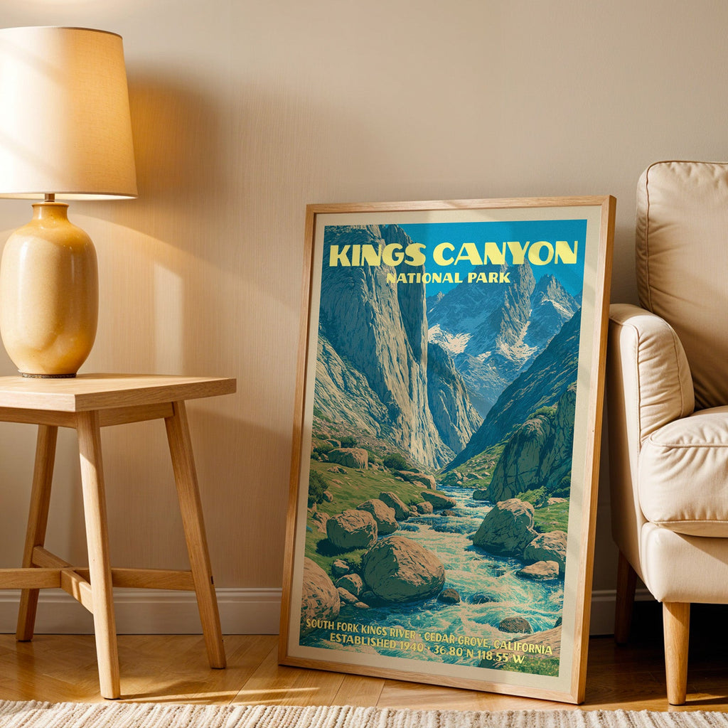 South Fork Kings River wall art in oak, leaning by an armchair and a side table with an ochre lamp