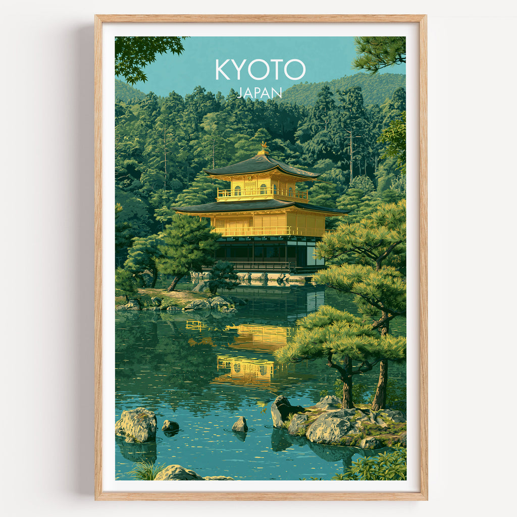 Kinkakuji Golden Pavilion Kyoto travel poster in a natural wood frame, shown against a clean white wall