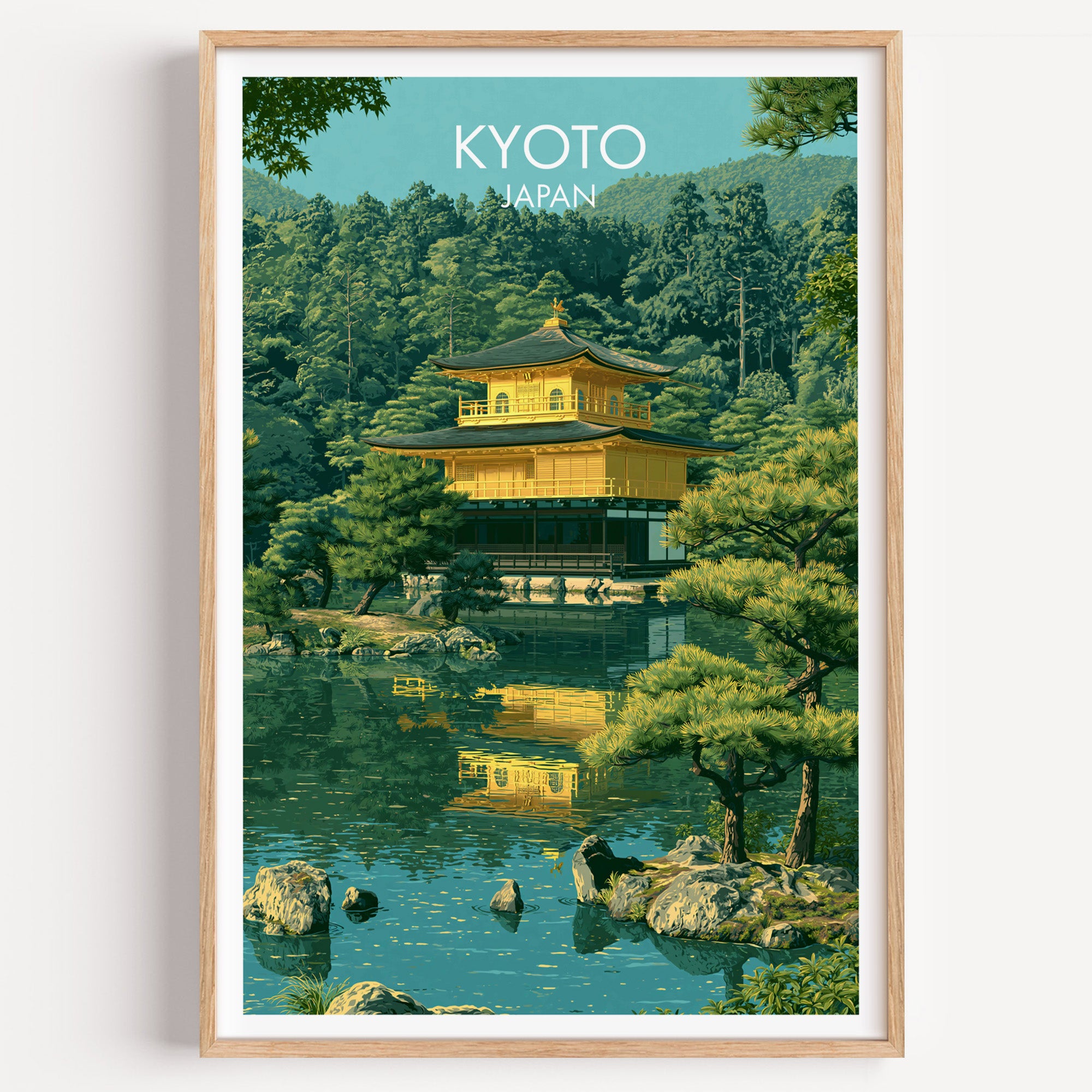 Kinkakuji Golden Pavilion Kyoto travel poster in a natural wood frame, shown against a clean white wall