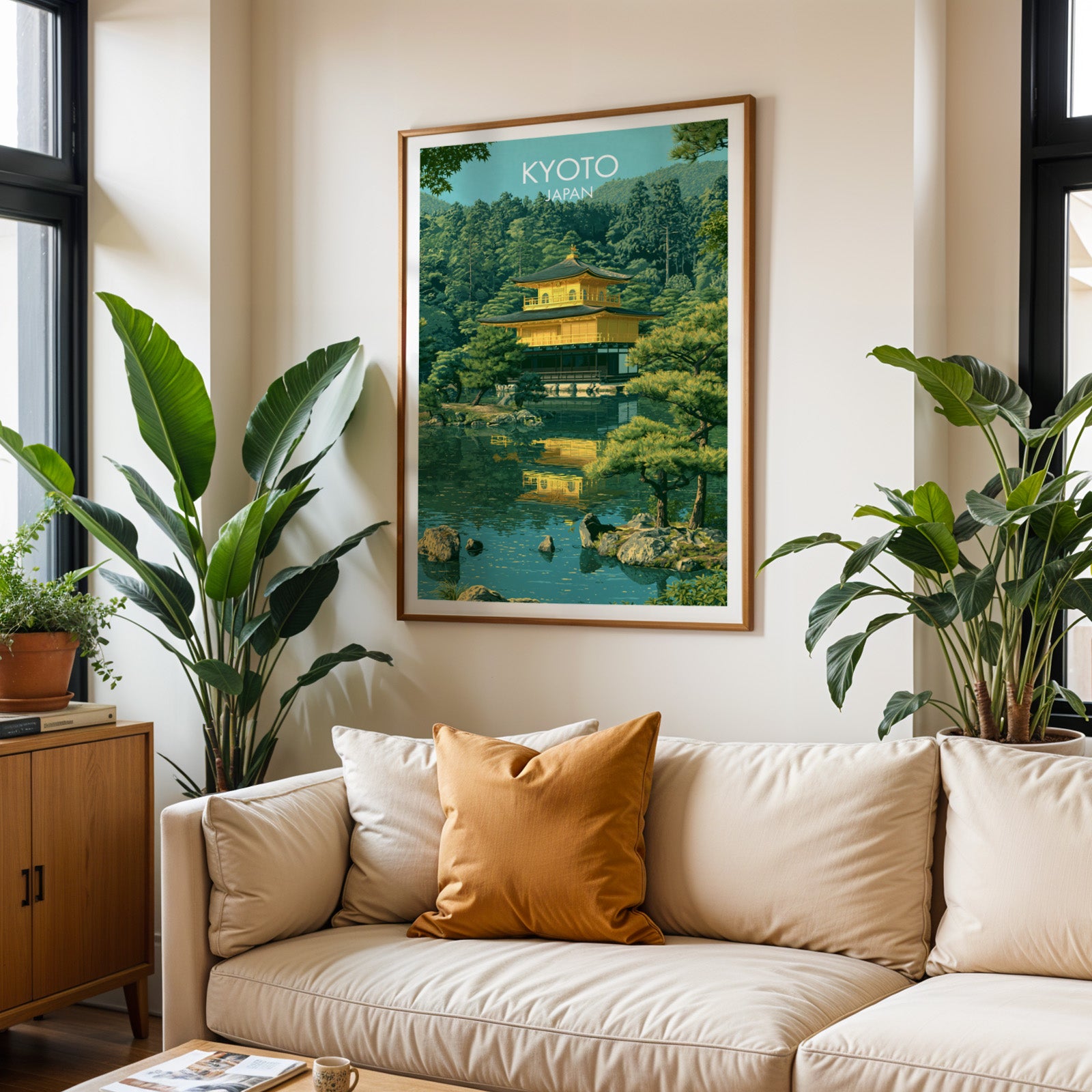 Framed Kinkakuji Golden Pavilion Kyoto wall art hanging above a cream sofa in a bright living room with tropical plants
