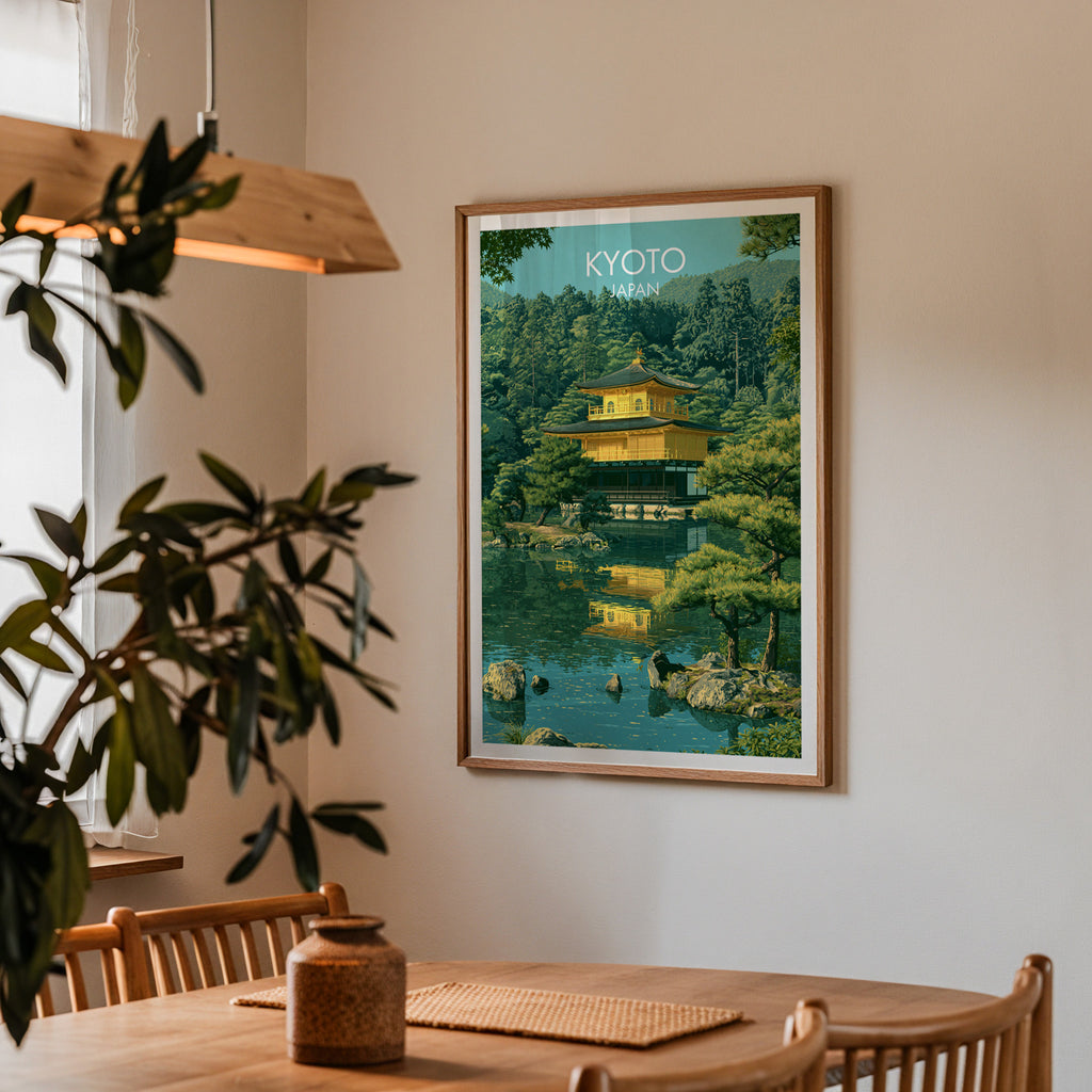 Framed Kinkakuji Golden Pavilion Kyoto print on a dining room wall above an oak table in warm afternoon light