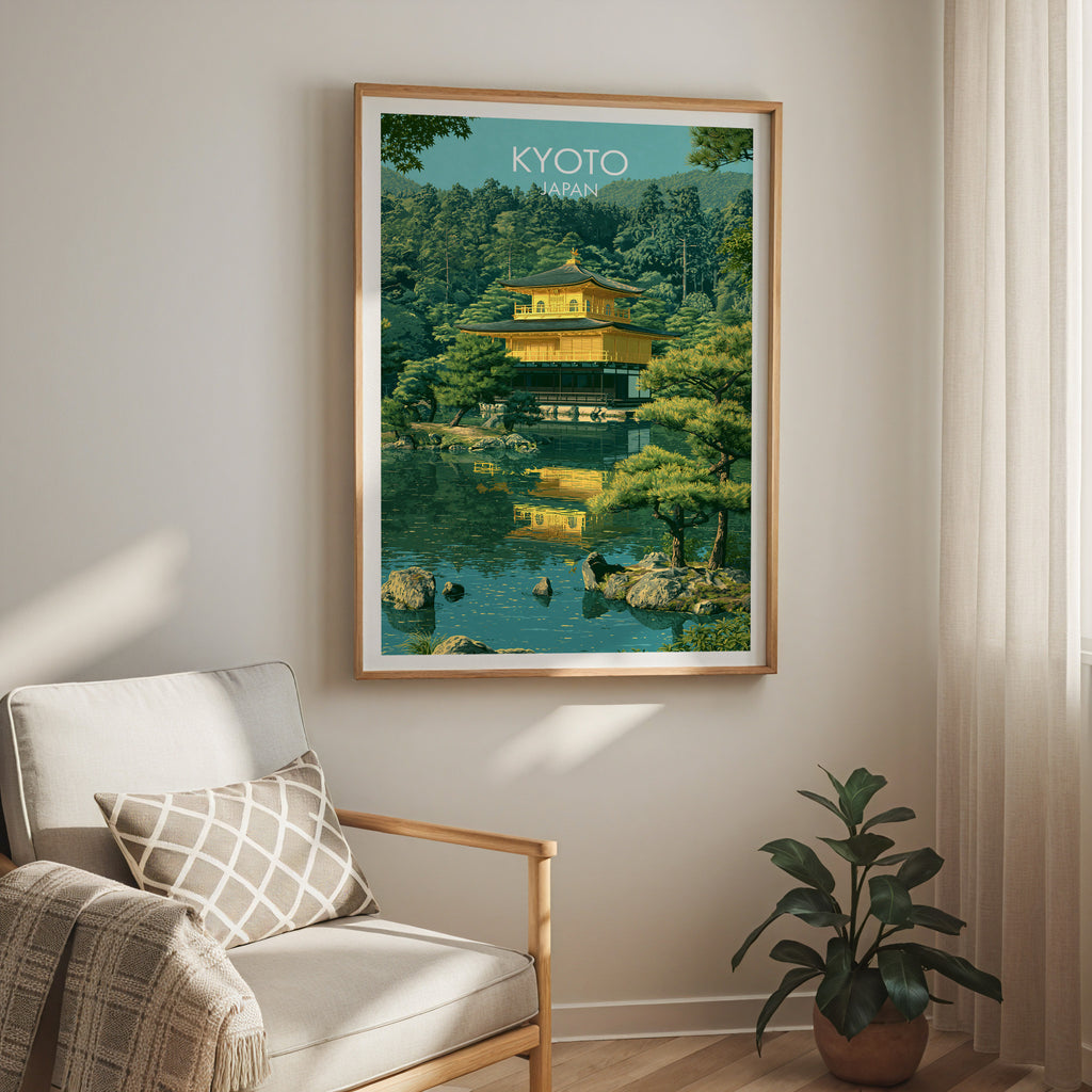 Kinkakuji Golden Pavilion Kyoto travel print in a light oak frame on a living room wall beside a linen armchair