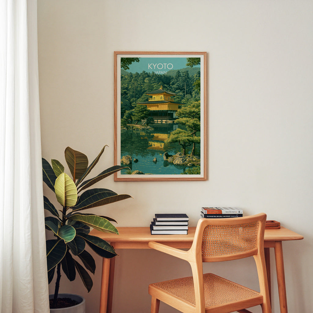 Kinkakuji Golden Pavilion Kyoto wall art above a wooden home office desk with a rattan chair and books