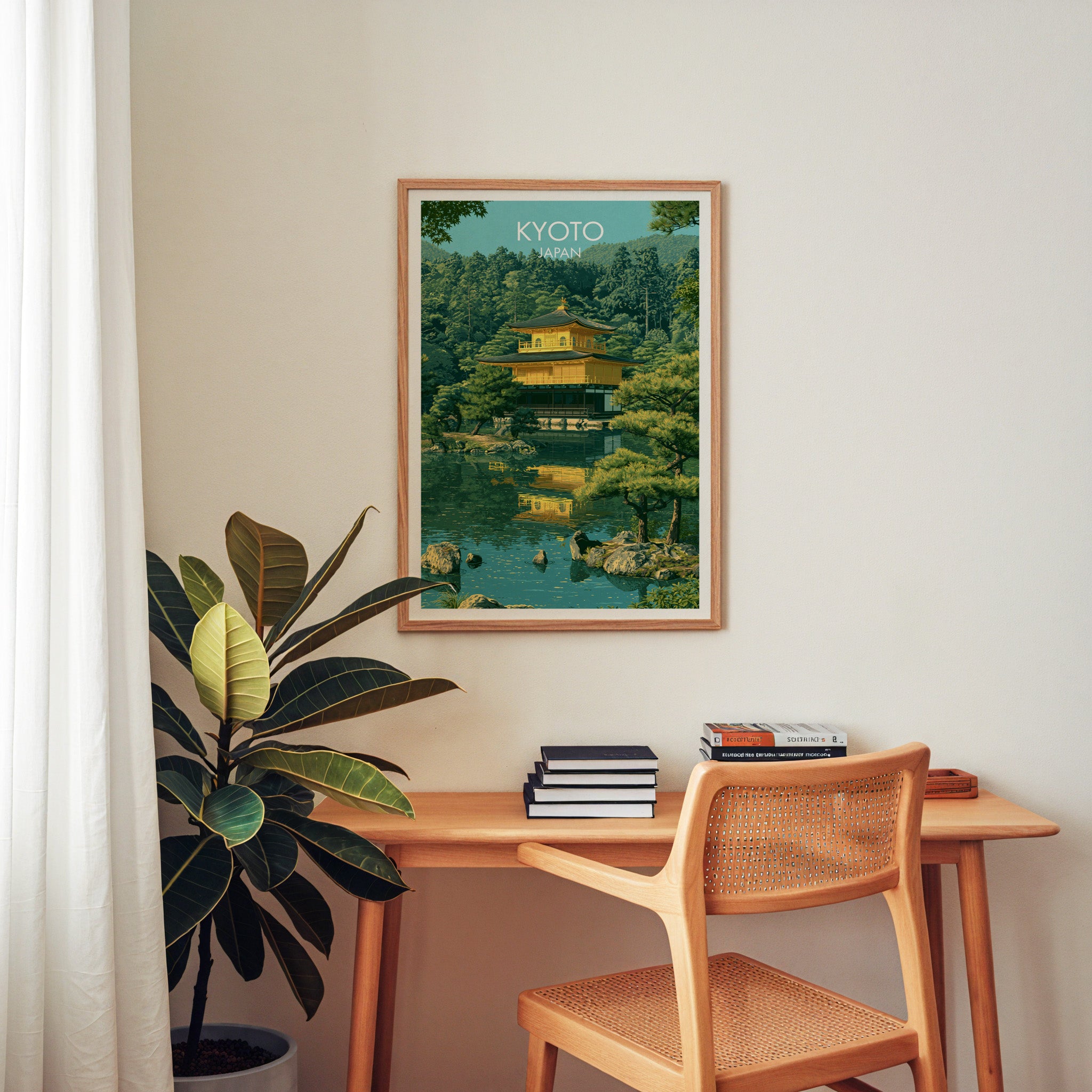 Kinkakuji Golden Pavilion Kyoto wall art above a wooden home office desk with a rattan chair and books