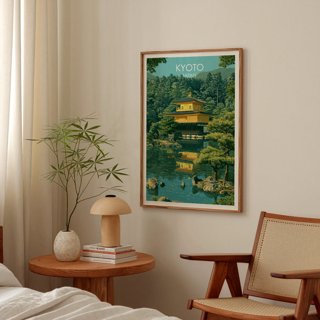 Kinkakuji Golden Pavilion Kyoto poster above a bedroom nightstand with a bamboo plant and mushroom lamp