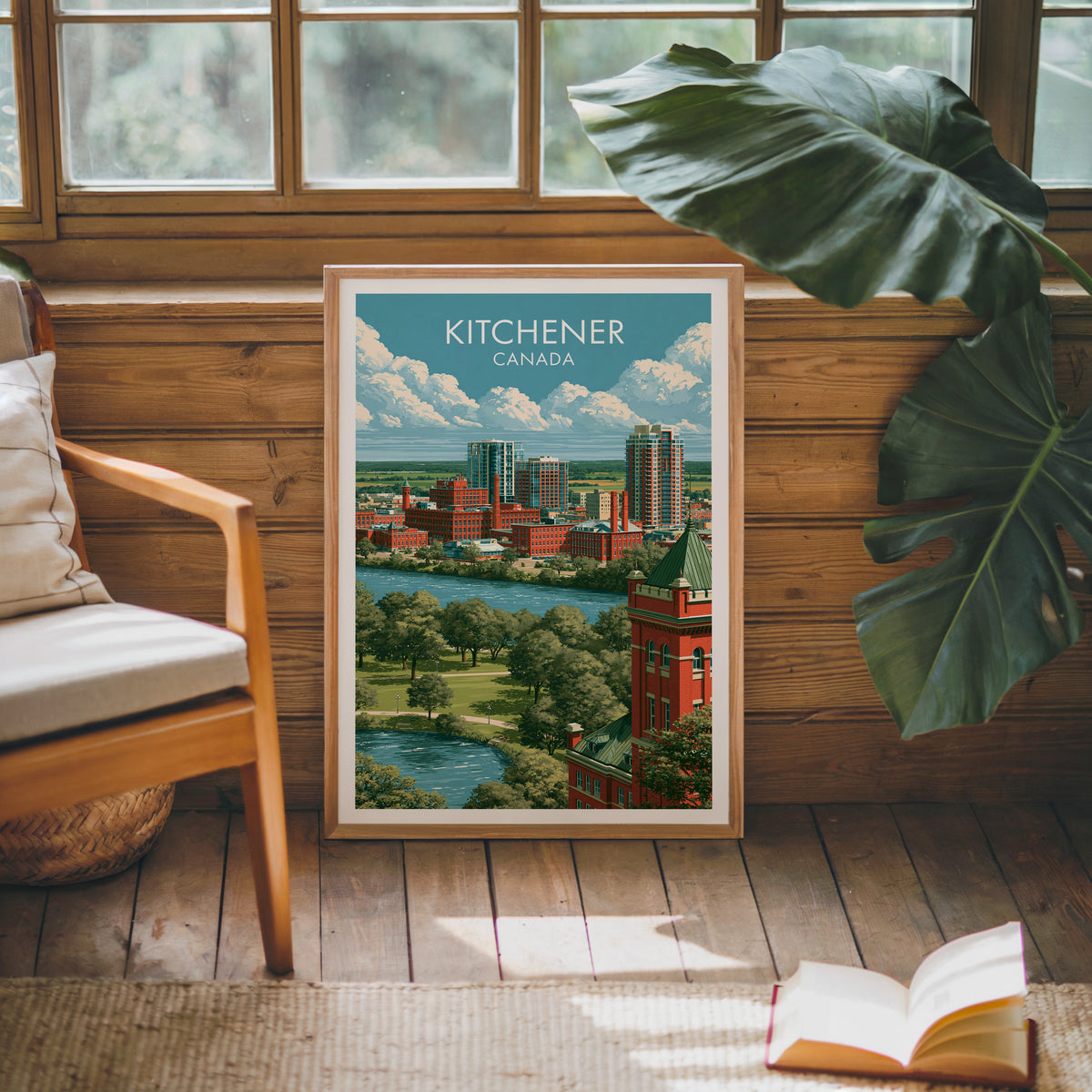 Kitchener Canada travel print in an oak frame against a pine cabin wall beside a monstera