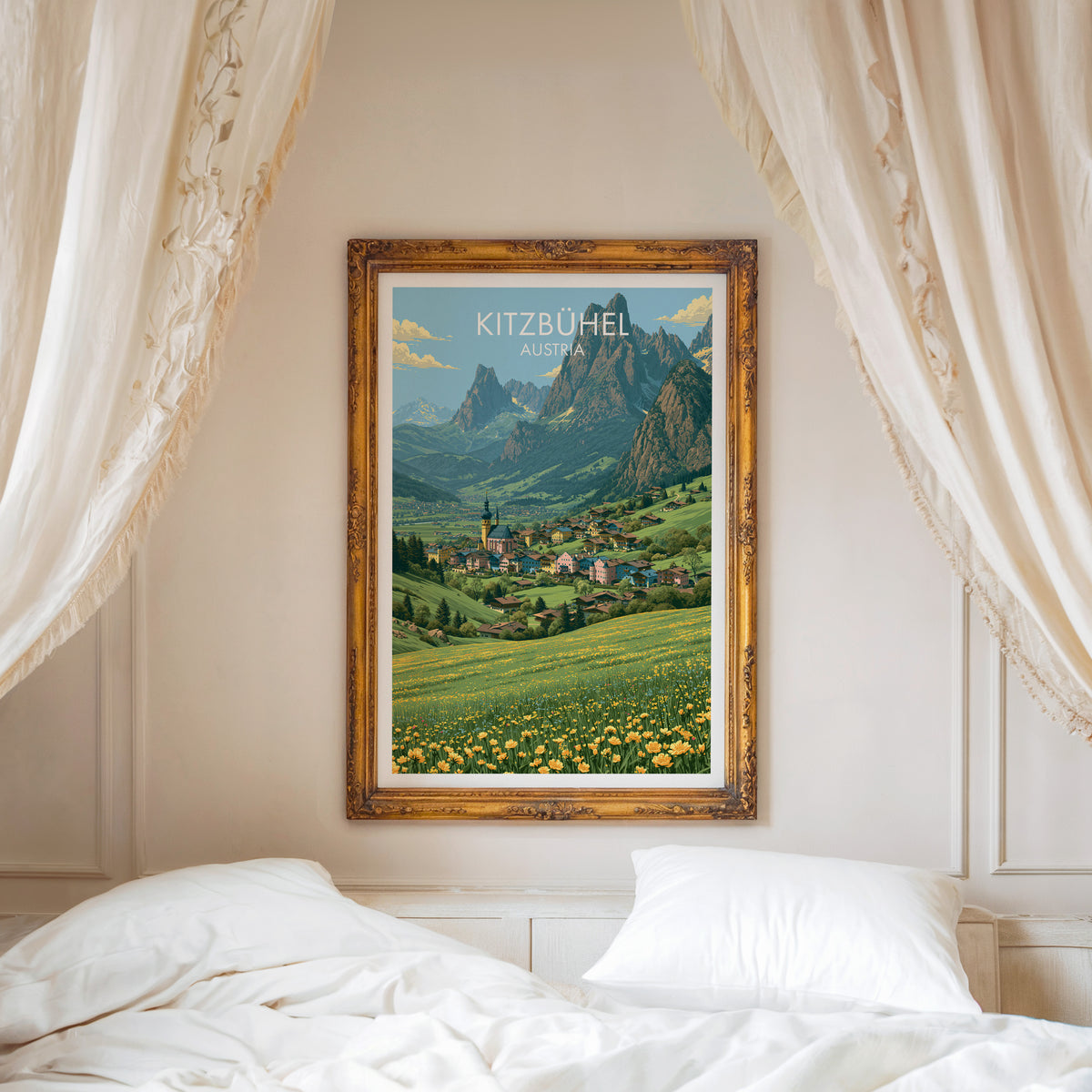 Kitzbühel travel poster, ornate gold frame above a white bed with linen canopy curtains
