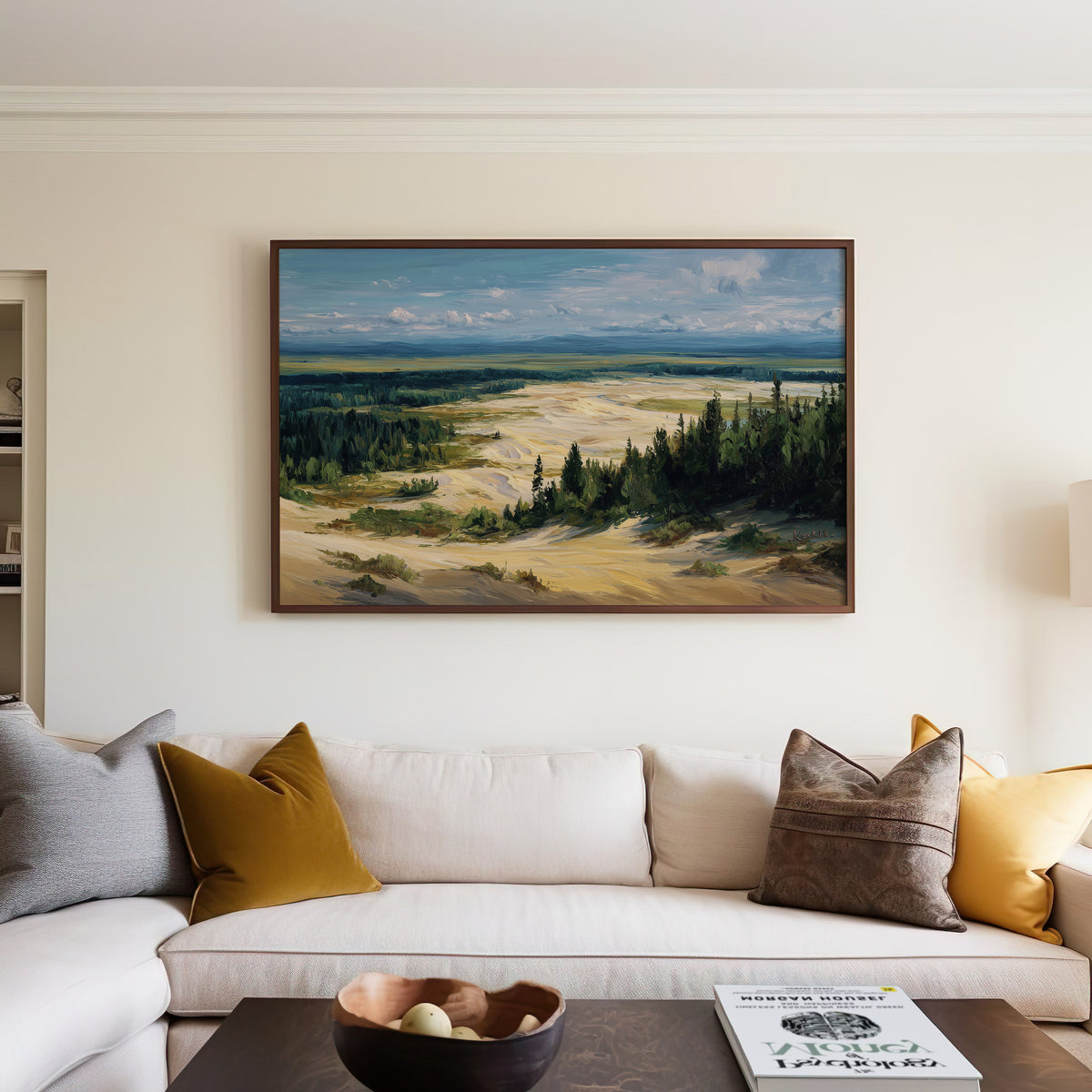 Kobuk Valley National Park oil painting print above a bed in a warm neutral bedroom