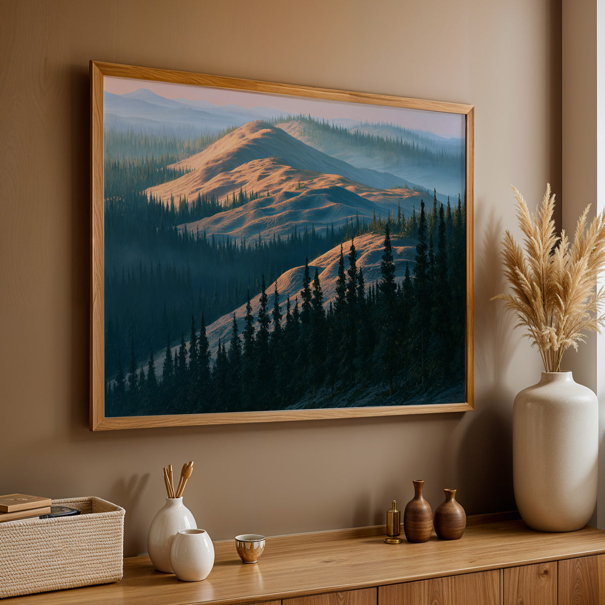 Kobuk Valley classical oil painting print in an oak frame above a credenza on a taupe wall