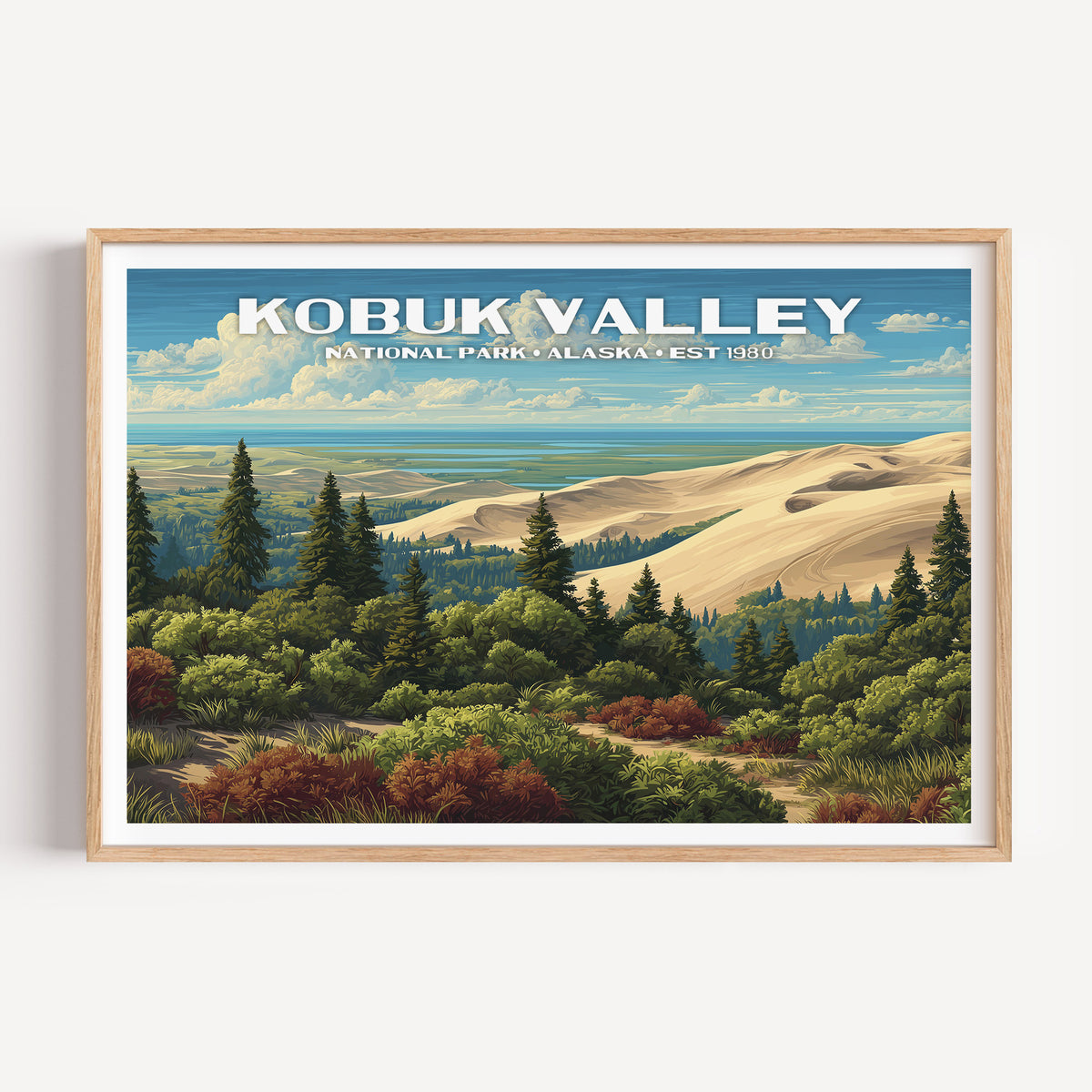 The Great Kobuk Sand Dunes rising beyond spruce forest and autumn tundra — Kobuk Valley National Park vintage WPA travel poster print