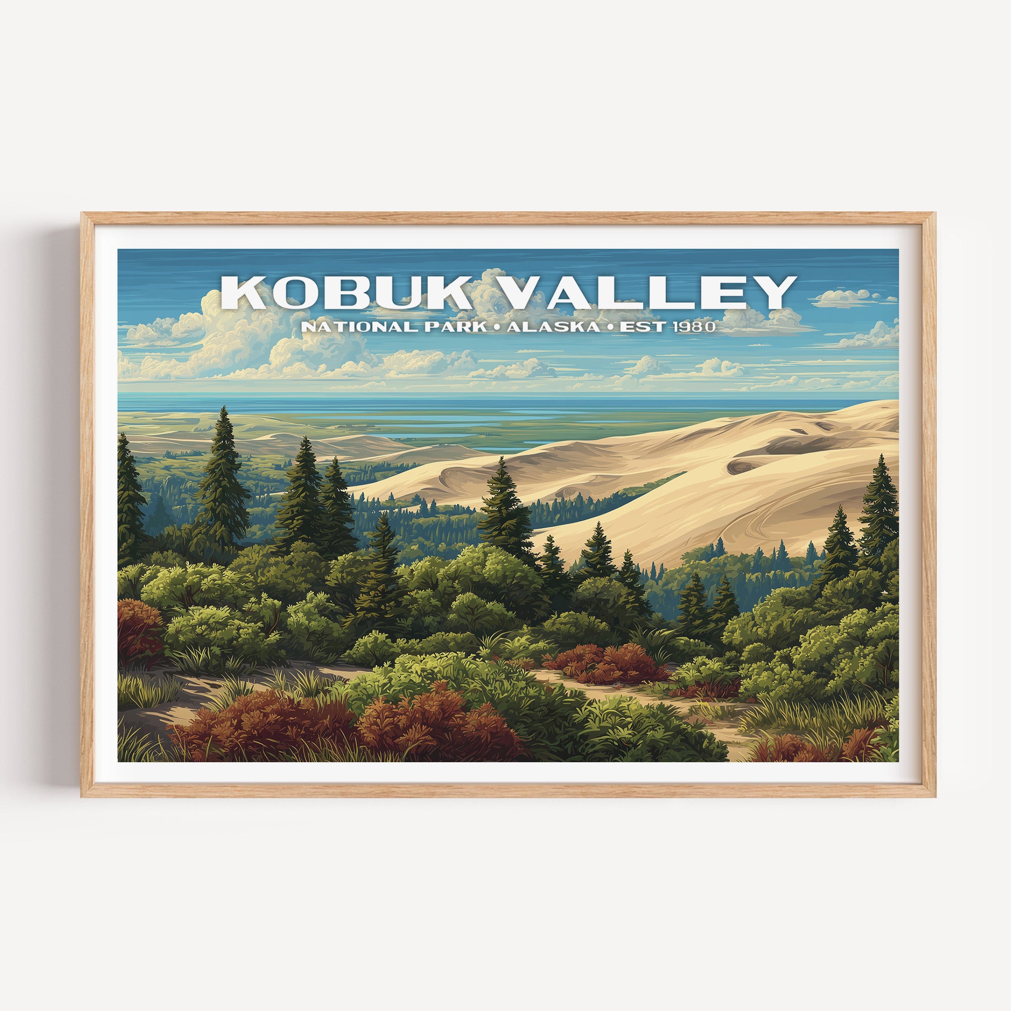 The Great Kobuk Sand Dunes rising beyond spruce forest and autumn tundra — Kobuk Valley National Park vintage WPA travel poster print