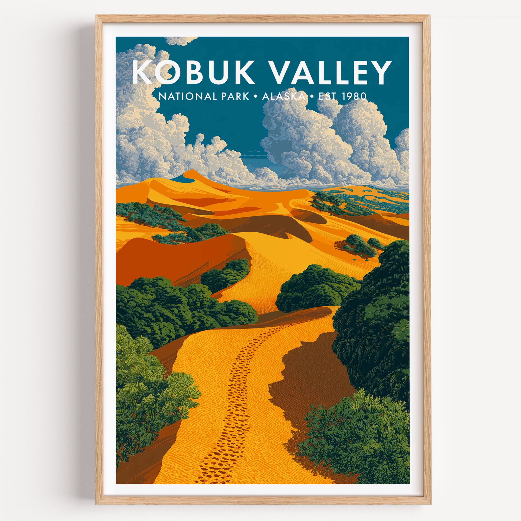 Kobuk Valley National Park mid-century modern art print — the Great Kobuk Sand Dunes rolling gold across the Arctic
