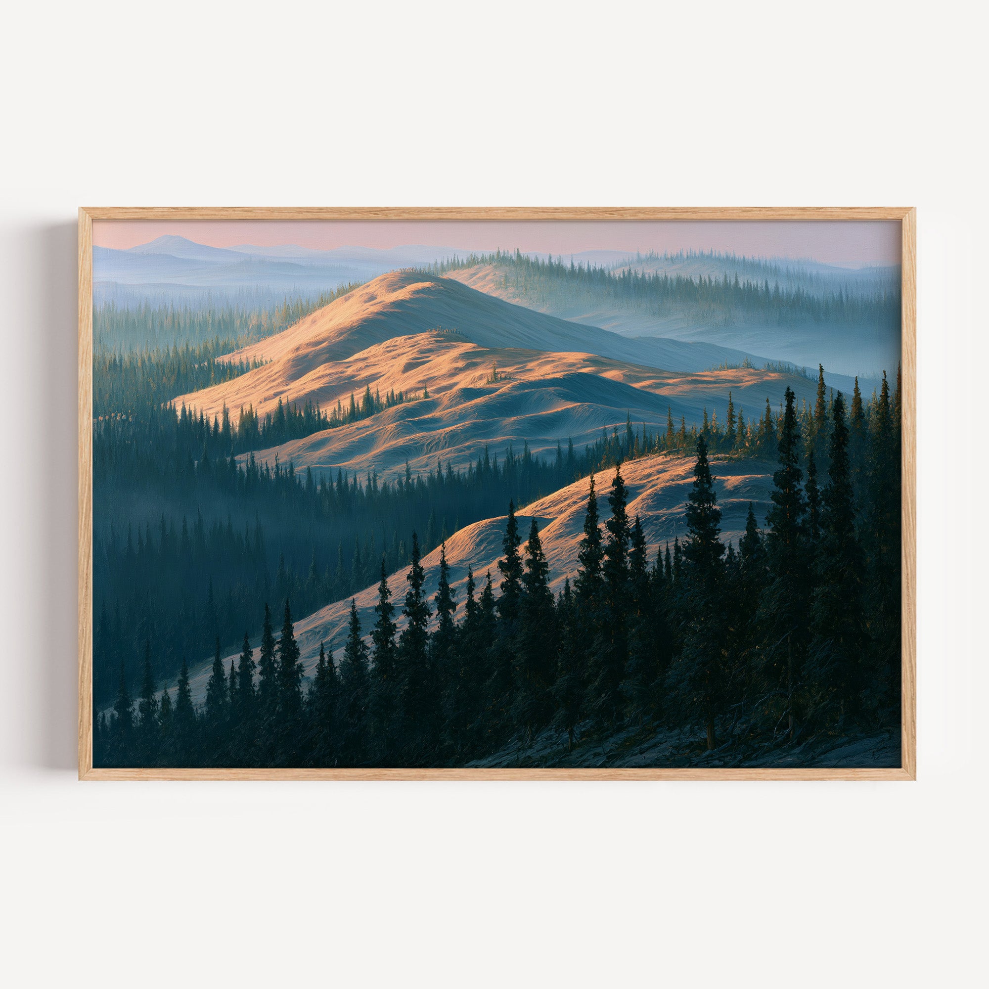 Kobuk Valley classical oil painting print in an oak frame: arctic dunes at dawn edged with spruce