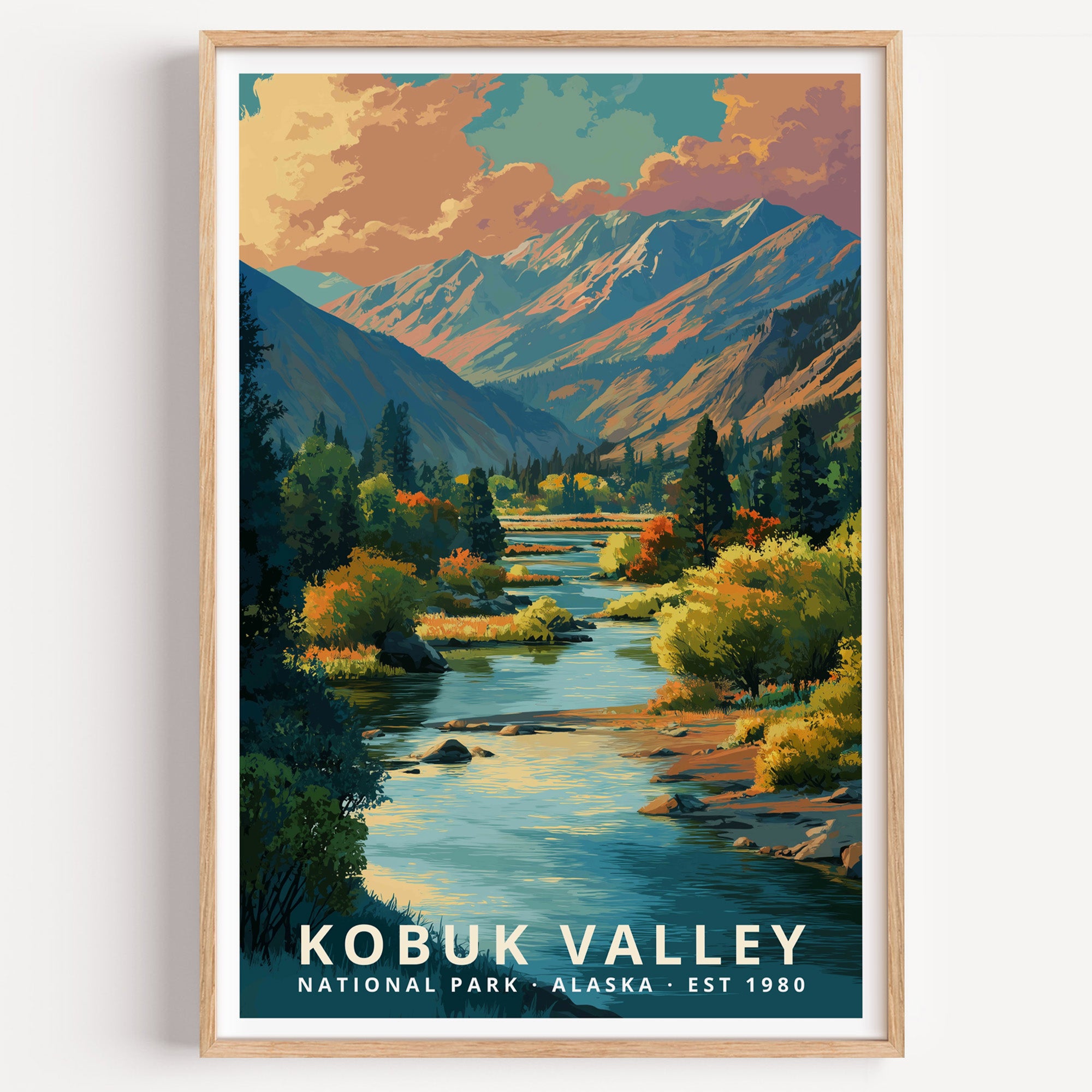 Kobuk Valley National Park retro travel poster — the Kobuk River braiding through tundra below the Baird Mountains, Alaska