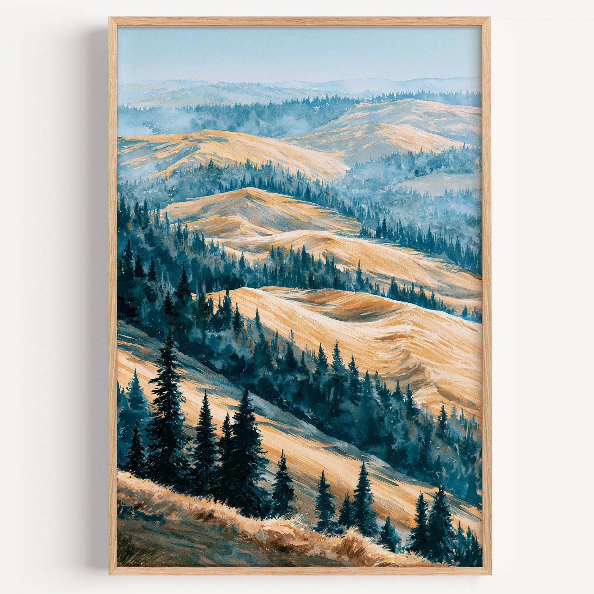 Kobuk Valley National Park watercolor art print: golden Arctic sand dunes ridged among dark spruce forest