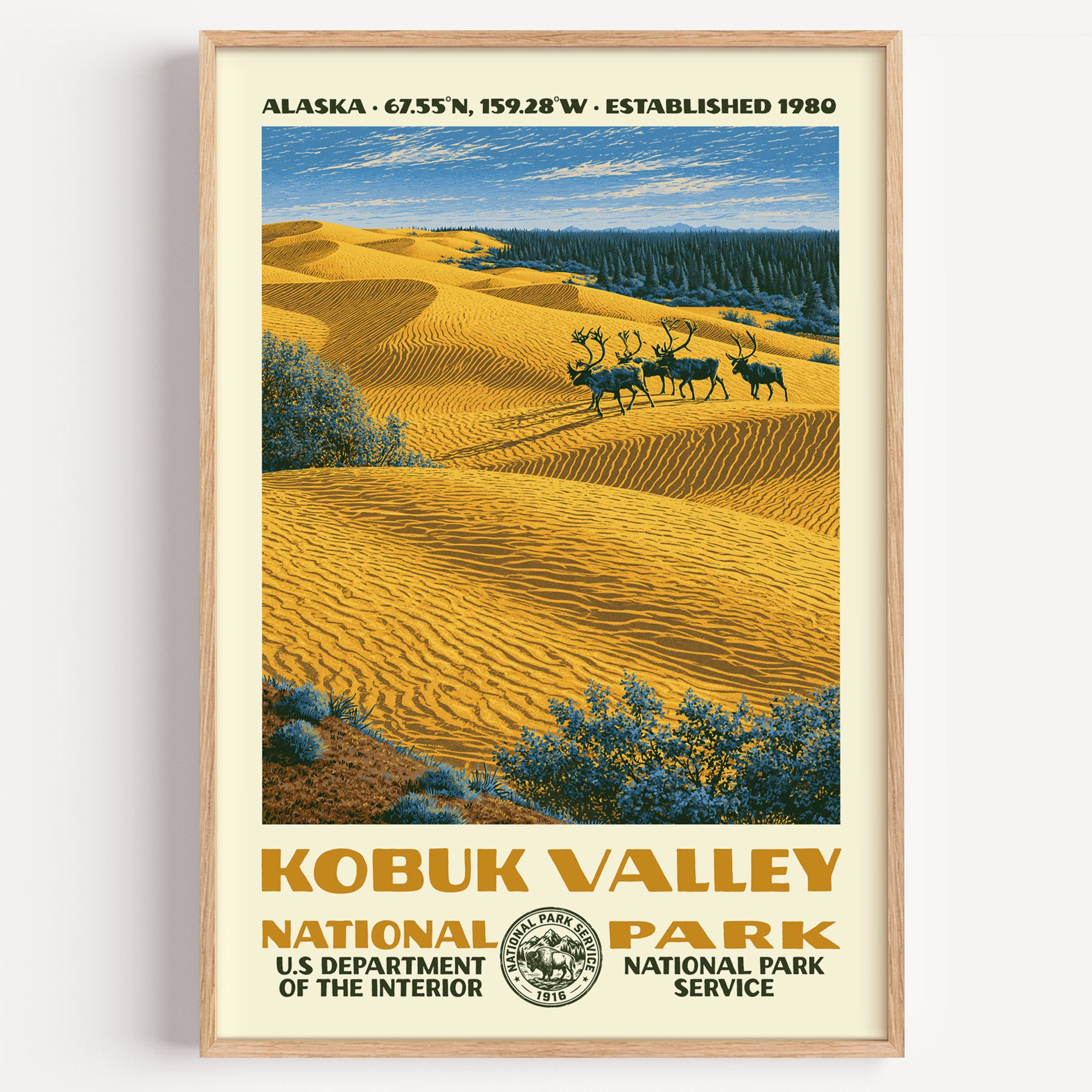 Kobuk Valley National Park vintage WPA poster in a wood frame, caribou crossing the golden Great Kobuk Sand Dunes