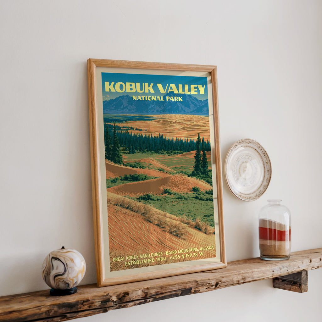 Kobuk Valley sand dunes print in oak, leaning on a reclaimed wood ledge with a marbled sphere and sand jar