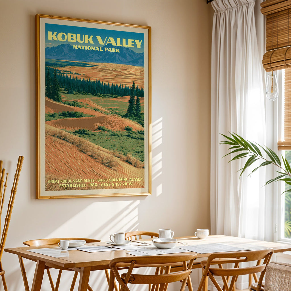 Kobuk Valley National Park print in gold above a light oak dining table by a curtained window