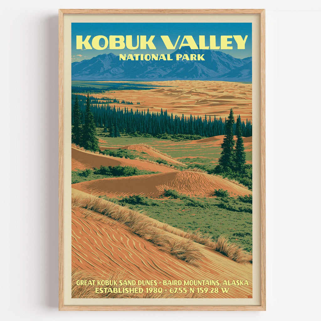Great Kobuk Sand Dunes Kobuk Valley vintage poster in a light oak frame on a plain white wall