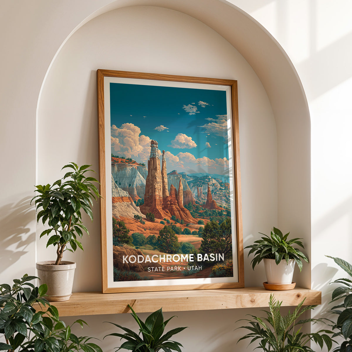 Kodachrome Basin wall art in an oak frame on a shelf inside a white arched alcove between potted plants.