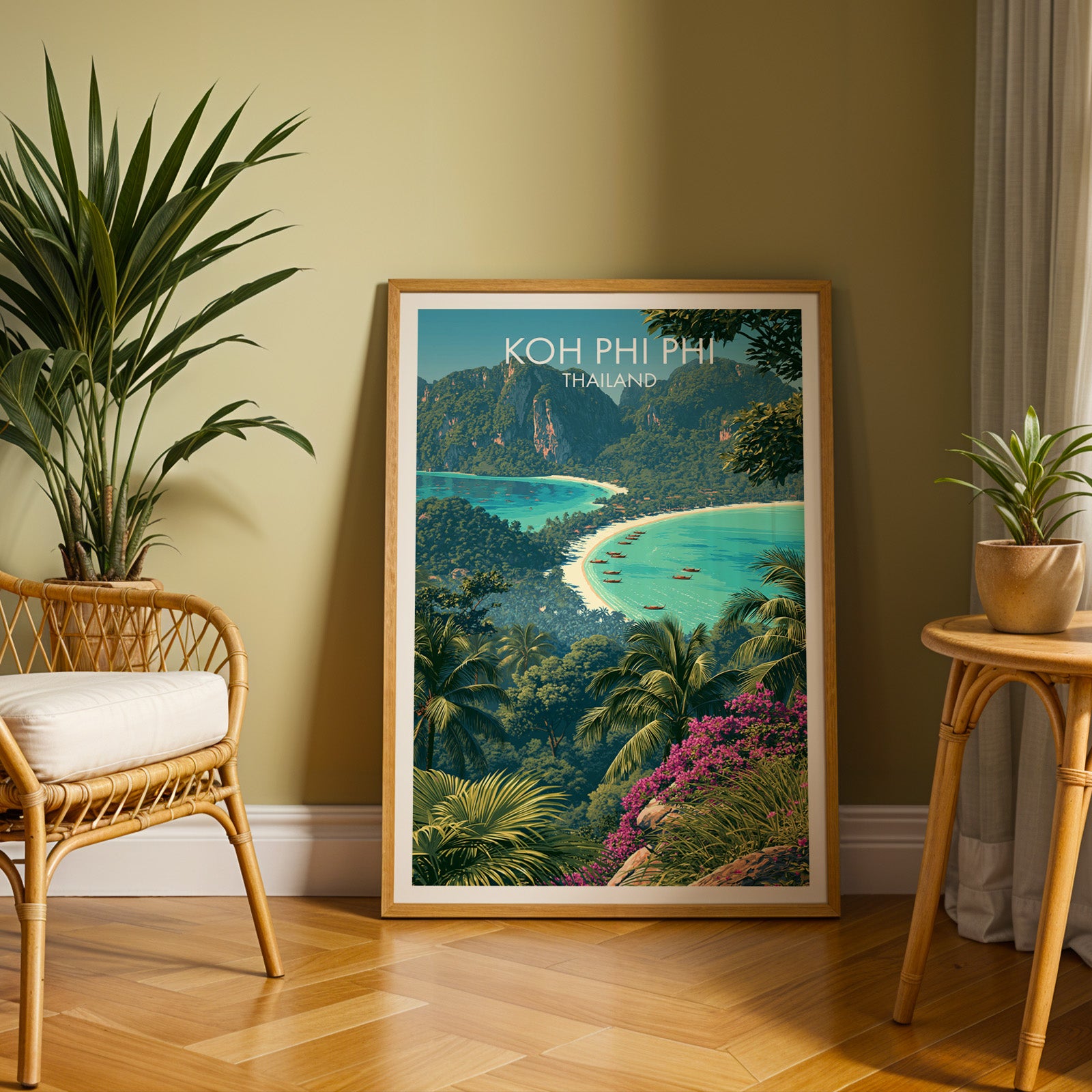 Large Koh Phi Phi Thailand travel print in an oak frame leaning on a herringbone floor next to a rattan chair