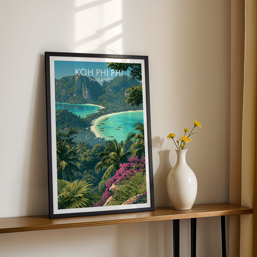 Black framed Koh Phi Phi Thailand print on a narrow hallway console in sunlight, styled with yellow flowers
