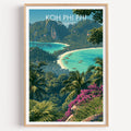 Koh Phi Phi Thailand travel poster in a natural wood frame, shown against a clean white wall