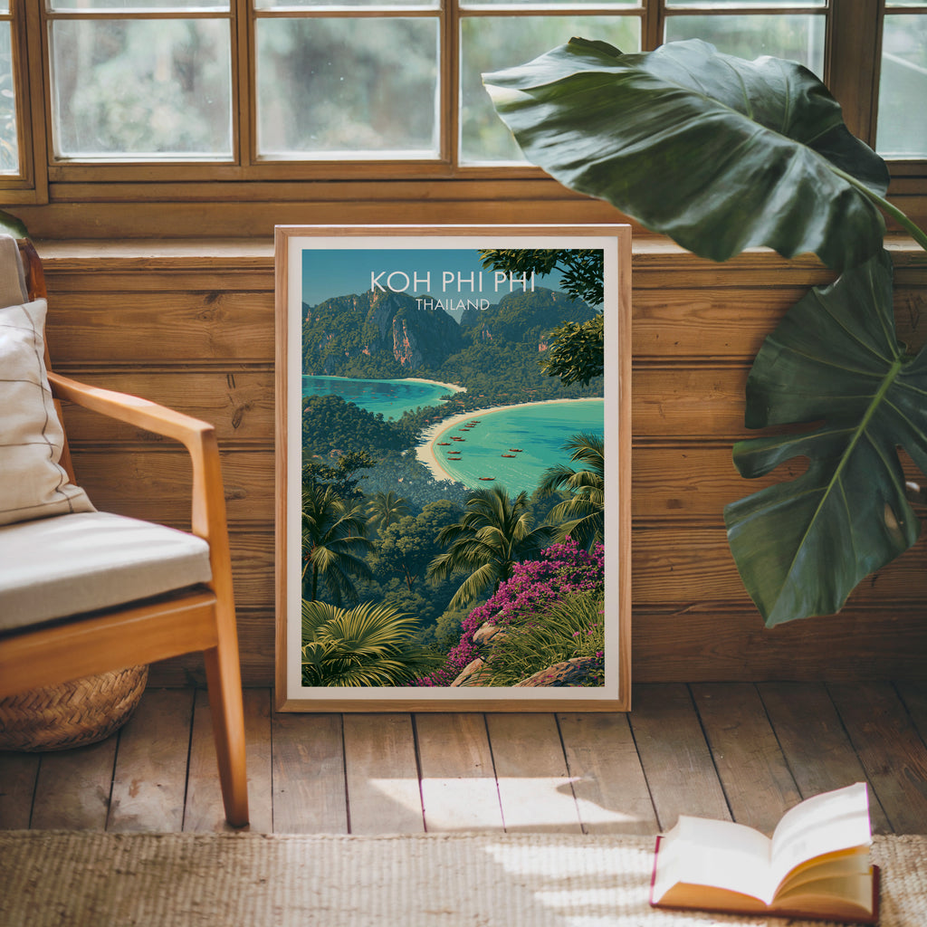 Framed Koh Phi Phi Thailand poster leaning against a timber cabin wall with monstera leaves and an open book