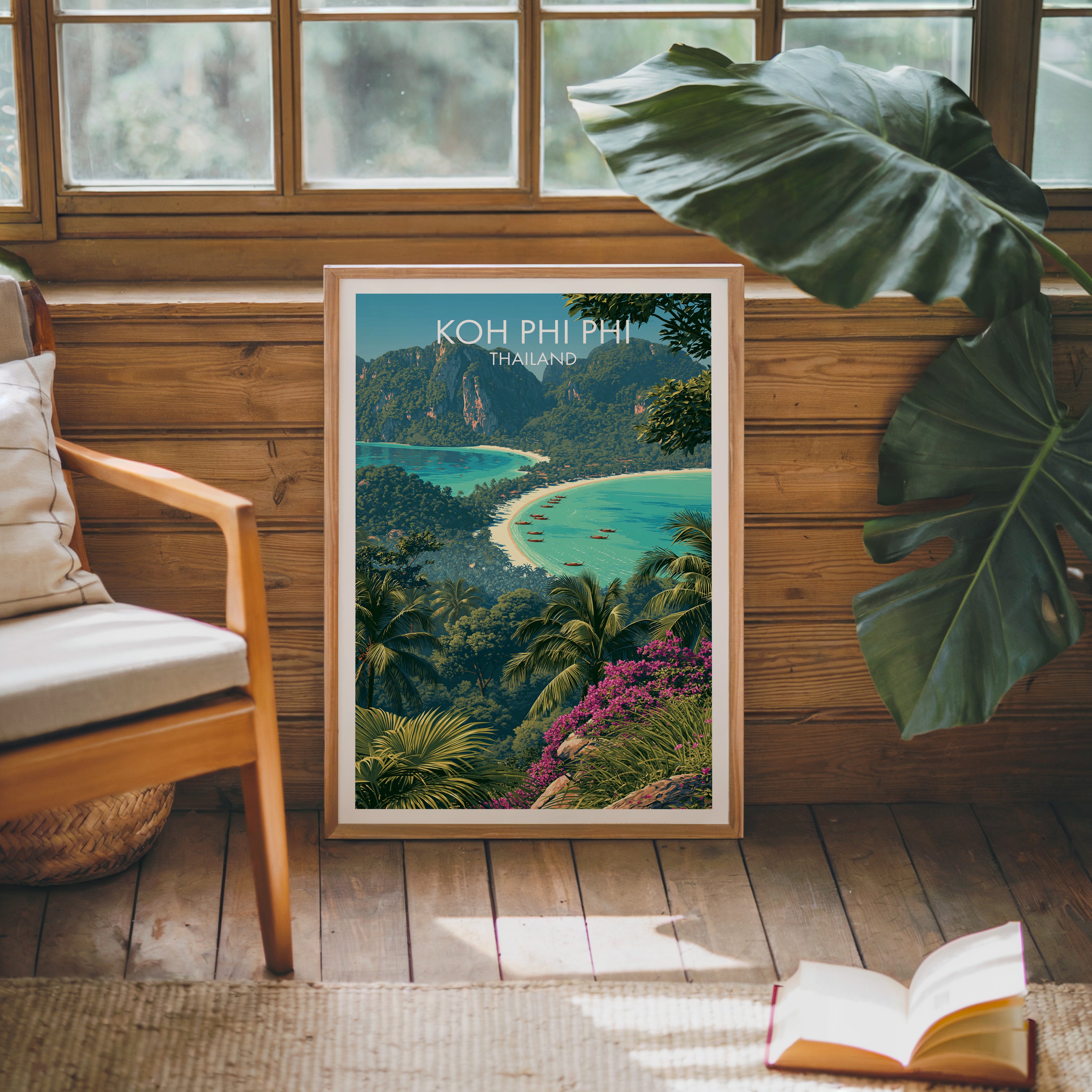 Framed Koh Phi Phi Thailand poster leaning against a timber cabin wall with monstera leaves and an open book