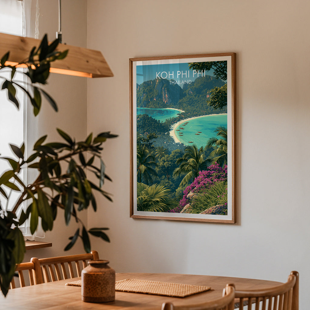 Framed Koh Phi Phi Thailand print on a dining room wall above an oak table in warm afternoon light