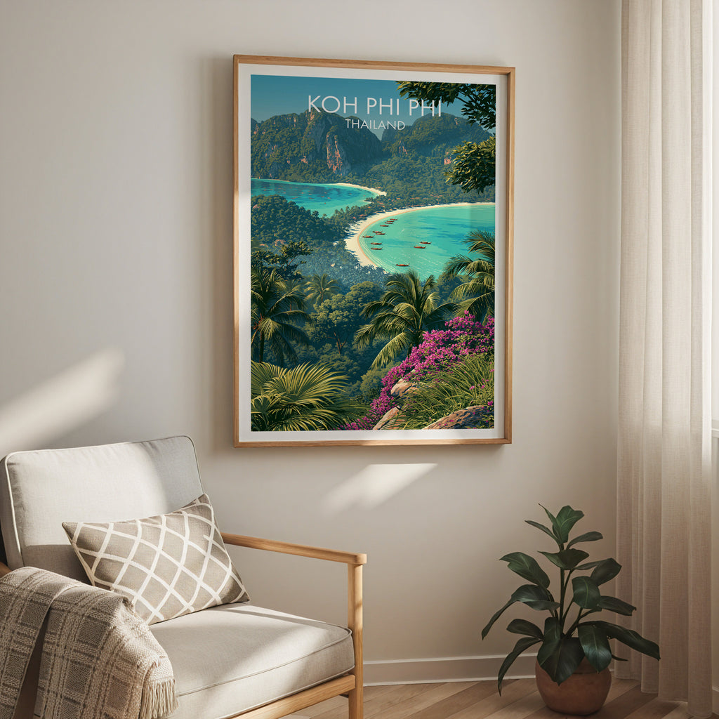 Koh Phi Phi Thailand travel print in a light oak frame on a living room wall beside a linen armchair