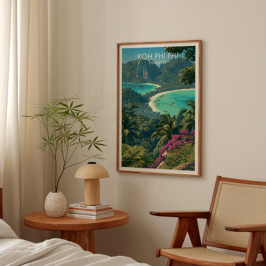 Koh Phi Phi Thailand poster above a bedroom nightstand with a bamboo plant and mushroom lamp