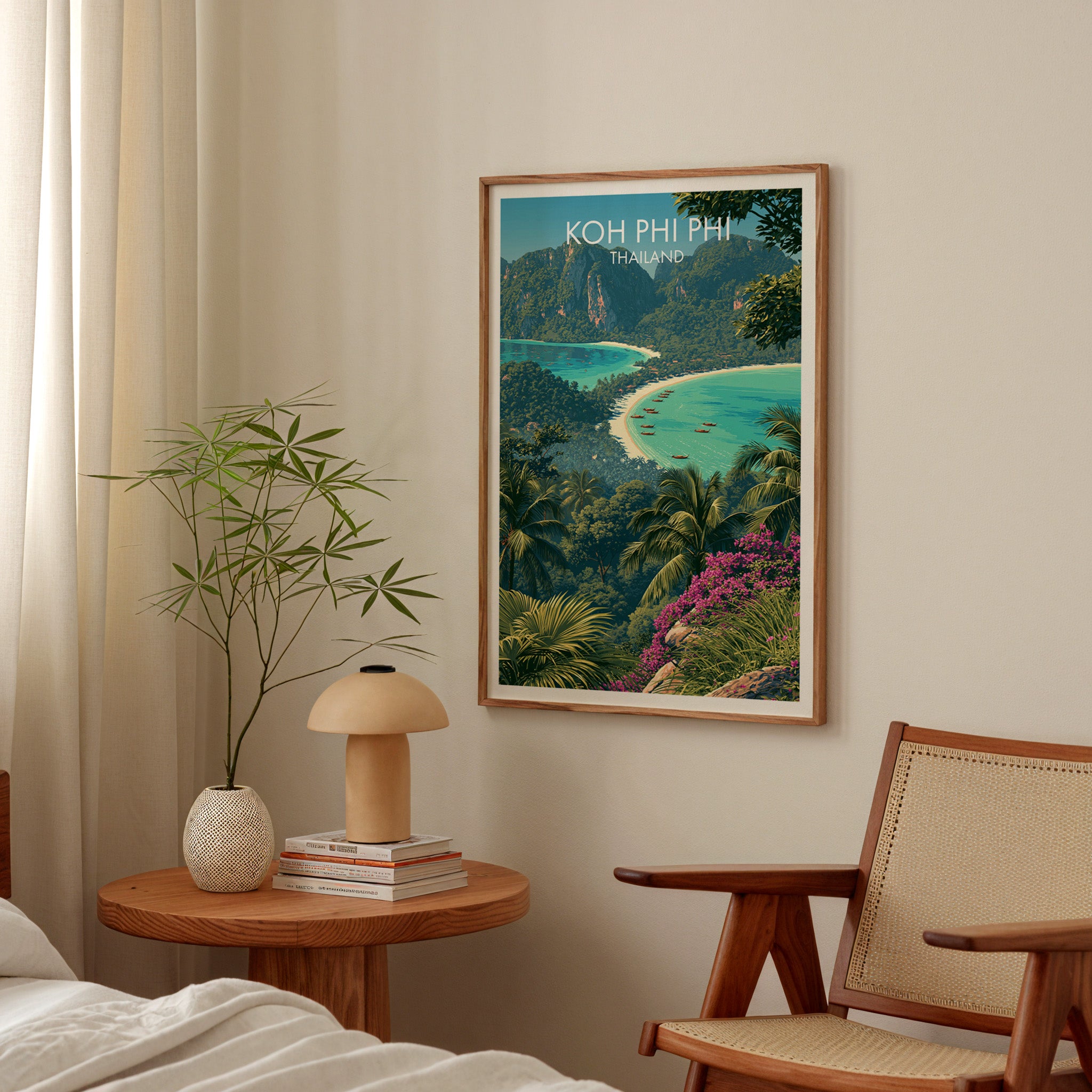 Koh Phi Phi Thailand poster above a bedroom nightstand with a bamboo plant and mushroom lamp