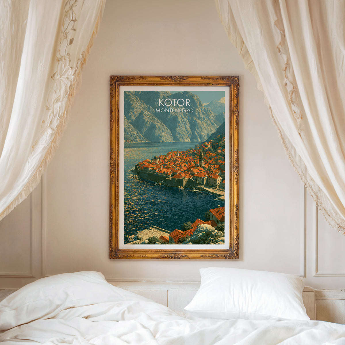 Kotor travel poster, ornate gold frame above a white bed with linen canopy curtains