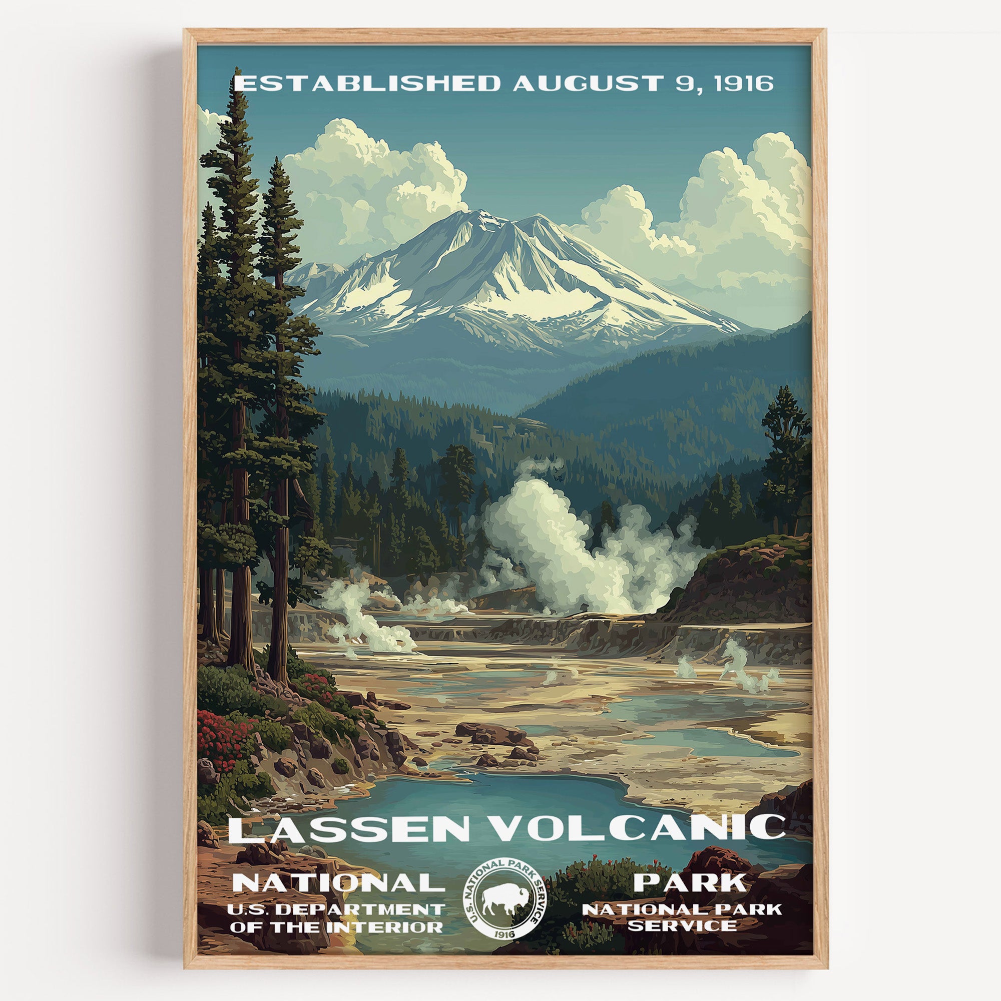 Lassen Volcanic National Park vintage travel poster in a wood frame, steam vents in the foreground with the snow-capped peak