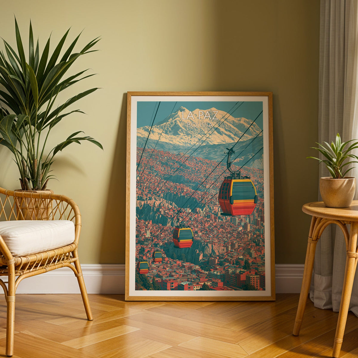Andean capital print in an oak frame on a herringbone floor against an olive wall with a rattan chair and tall palm
