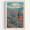 La Paz Bolivia travel print of red cable car gondolas above the city in a light oak frame on a plain white wall