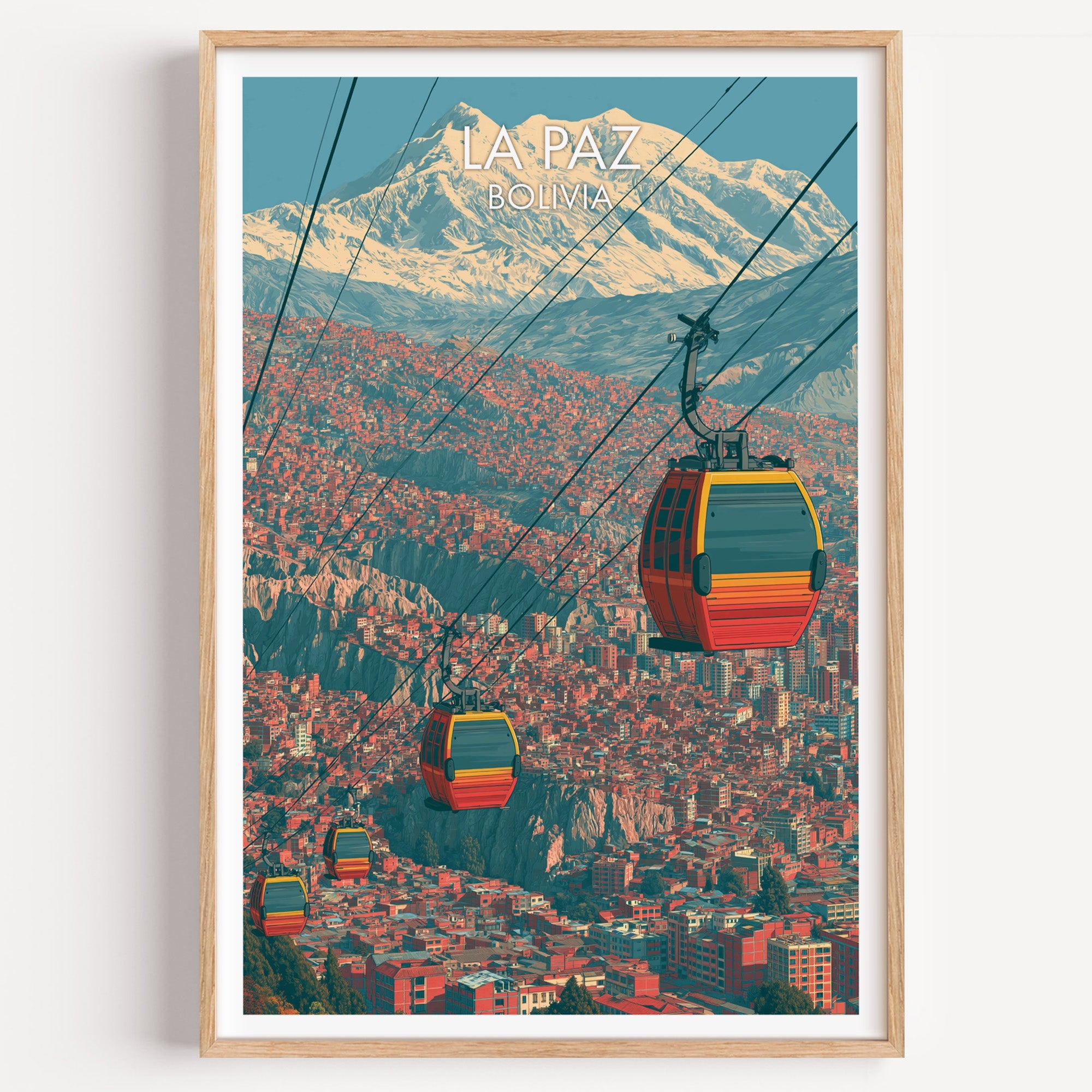 La Paz Bolivia travel print of red cable car gondolas above the city in a light oak frame on a plain white wall