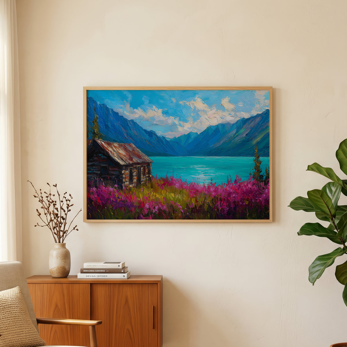 Lake Clark oil painting wall art above an oak and rattan sideboard with a lamp