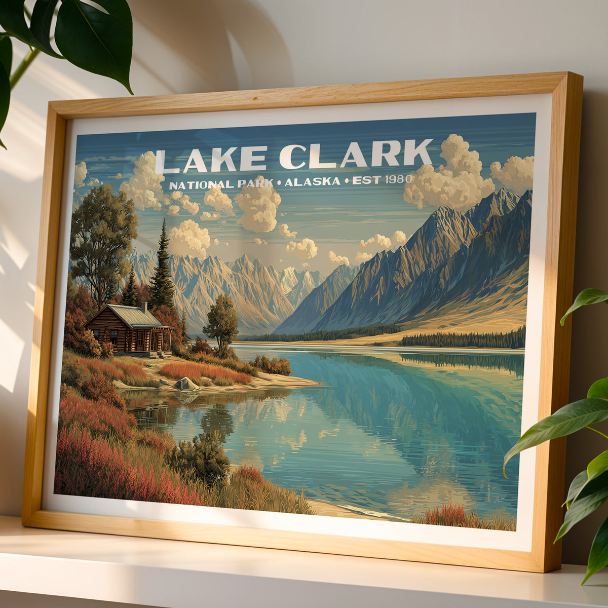 Lake Clark National Park wall art print in a light oak frame, leaning on a white shelf in warm sunlight beside a monstera plant