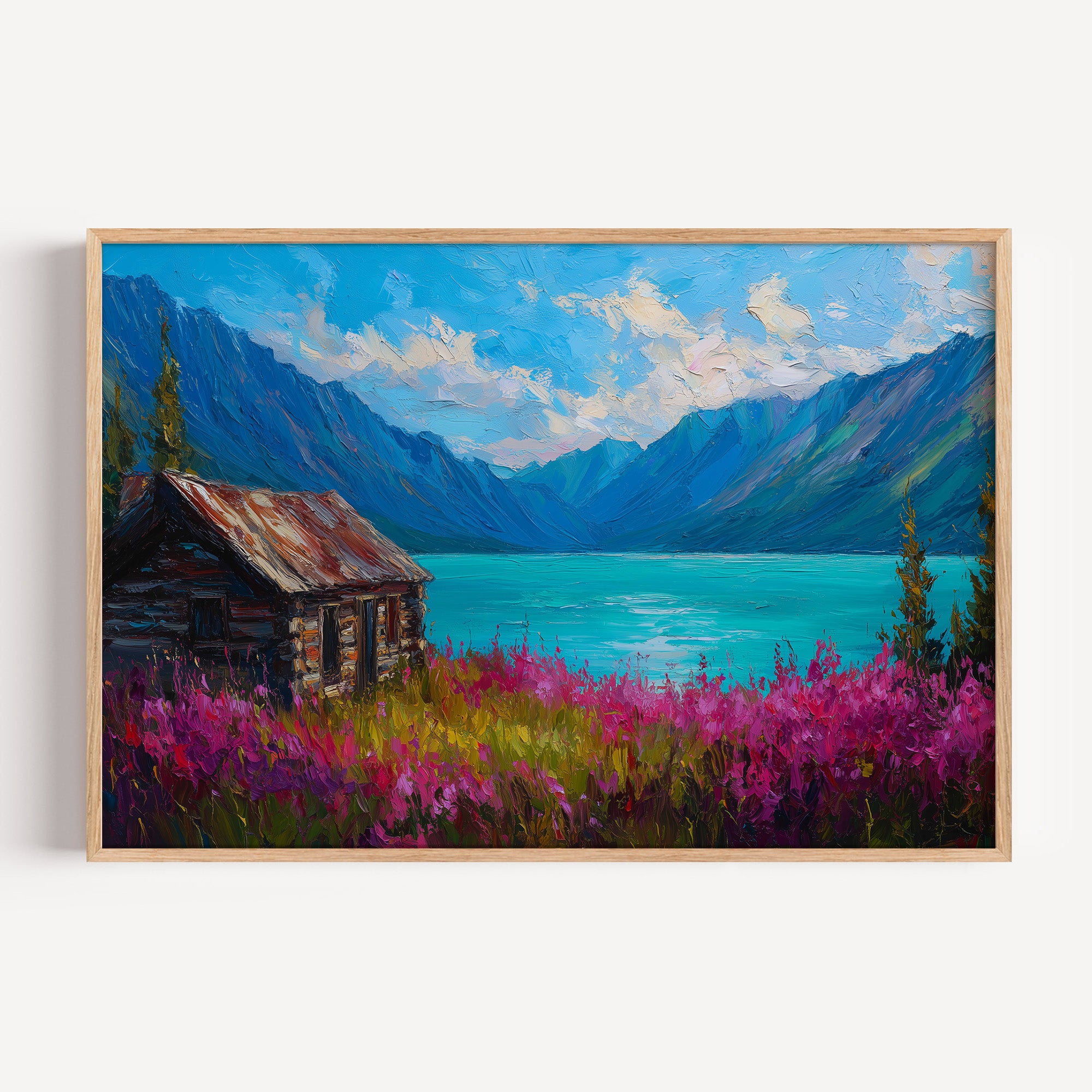 Lake Clark National Park oil painting print in an oak frame: a cabin by a turquoise lake with fireweed